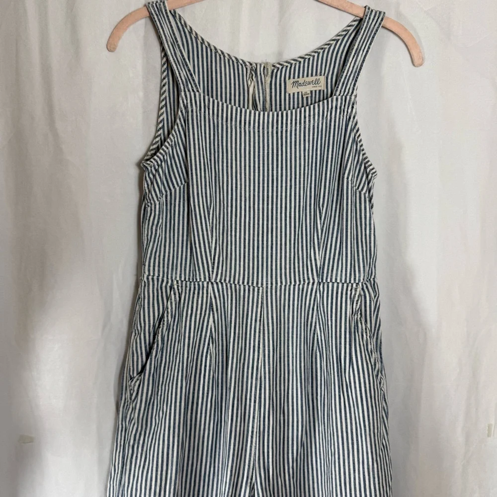 Madewell Blue White Striped Wide Leg Jumpsuit Size 00 Back‎ Zip Closure Pockets